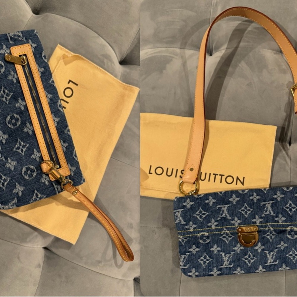 Louis Vuitton Blue Denim Monogram Clutch Push Lock Pochette Plat